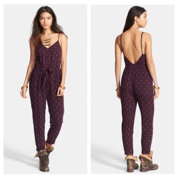 Free People Sunset Jumpsuit Red Floral Strappy Backless Boho - Picture 4 of 16